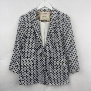 Anthropologie Cartonnier Southwark Diamond Print Navy Blue & Cream Blazer